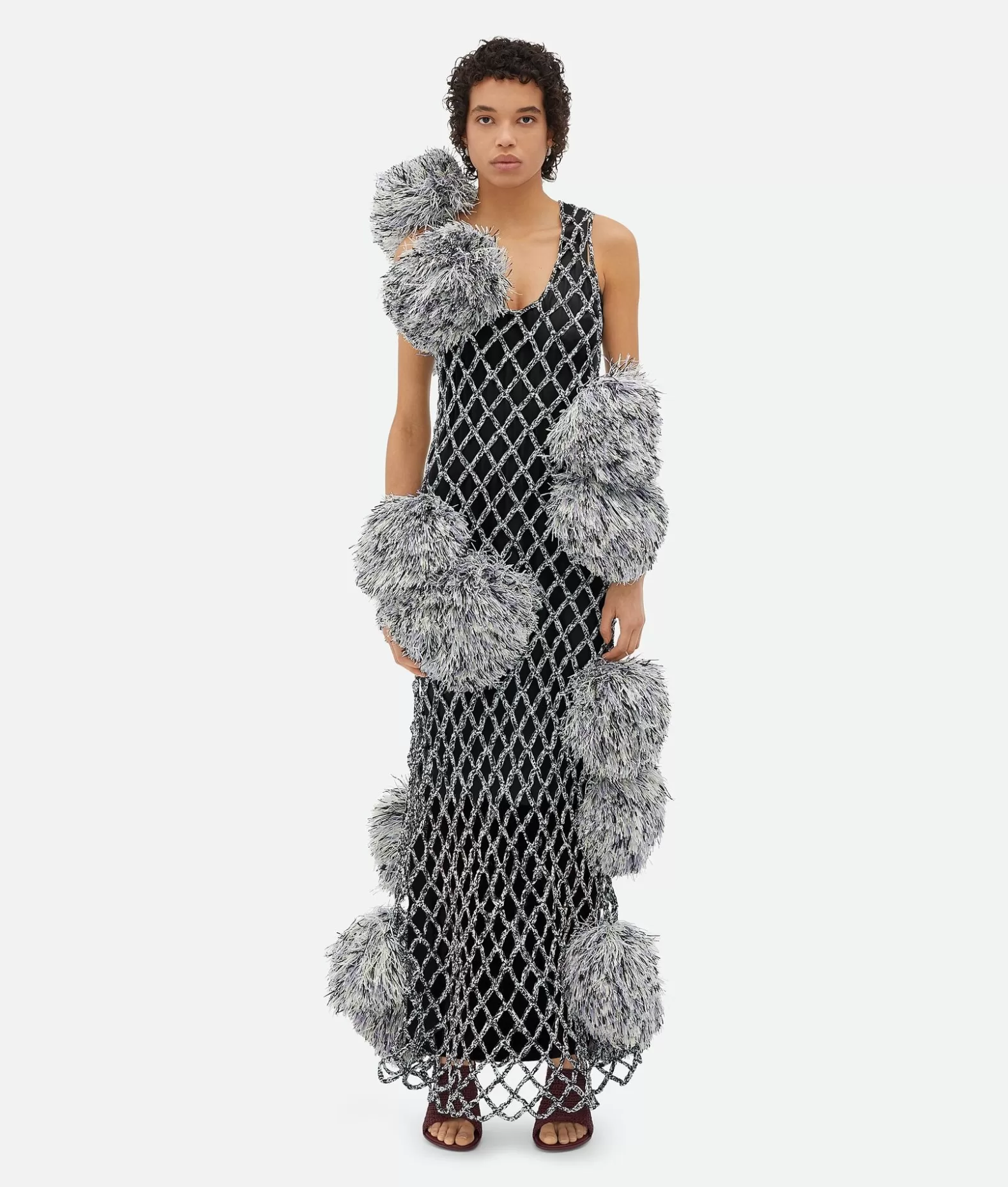 Abiti^Bottega Veneta Abito In Paper Mesh Effetto Crochet Con Pompon Black/bubble