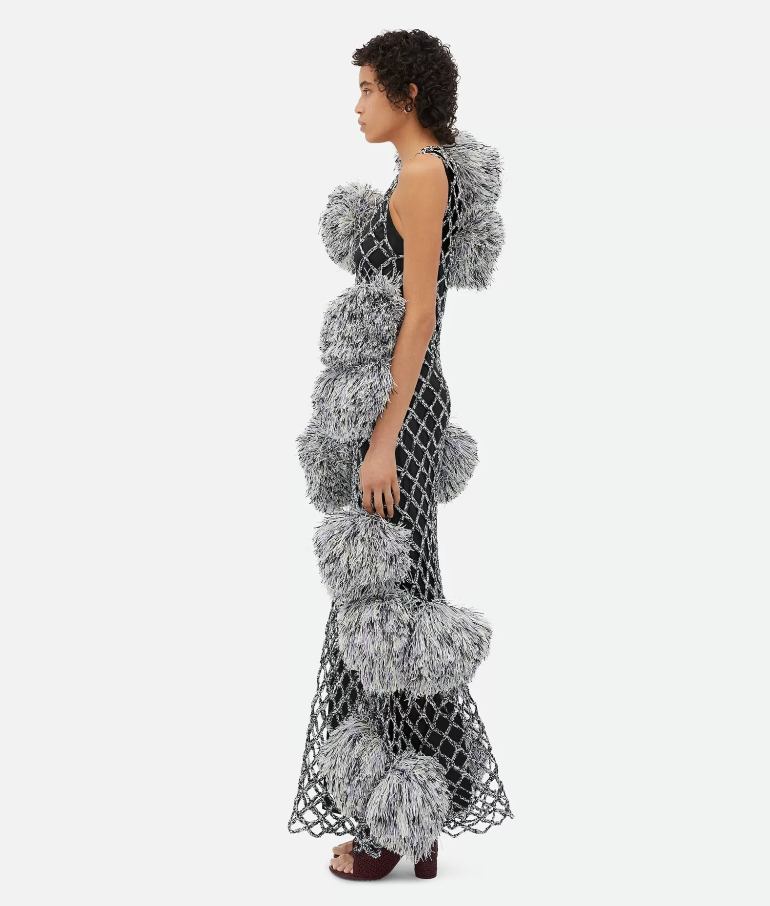 Abiti^Bottega Veneta Abito In Paper Mesh Effetto Crochet Con Pompon Black/bubble