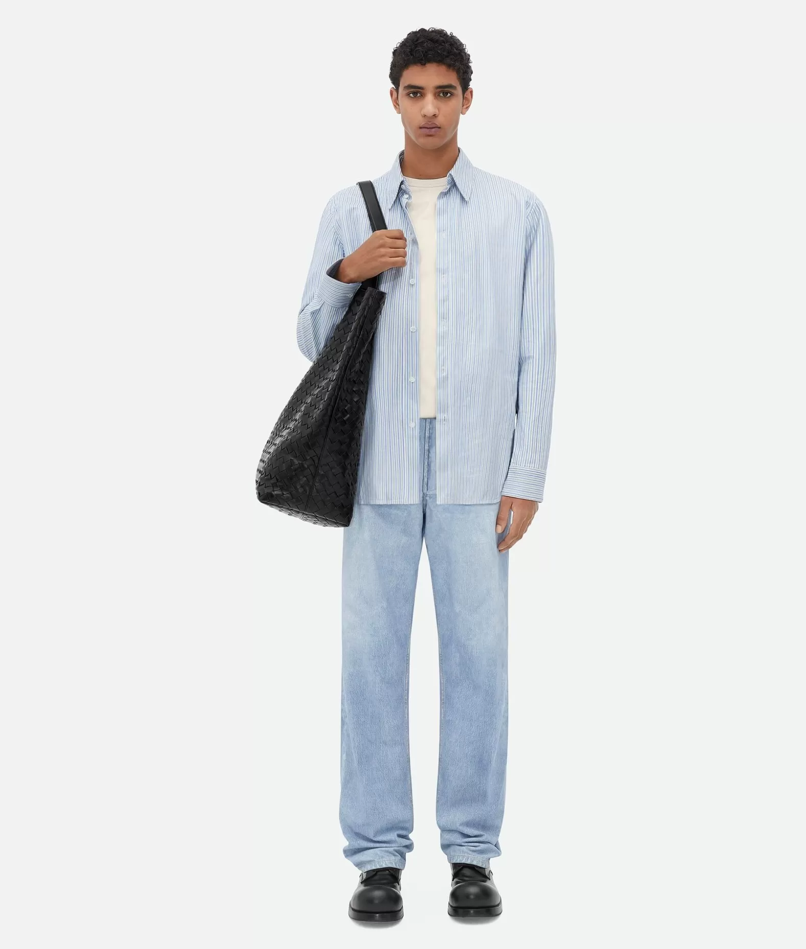 Camicie | Pelle^Bottega Veneta Camicia In Pelle Stampata Dal Taglio Morbido Light blue / White