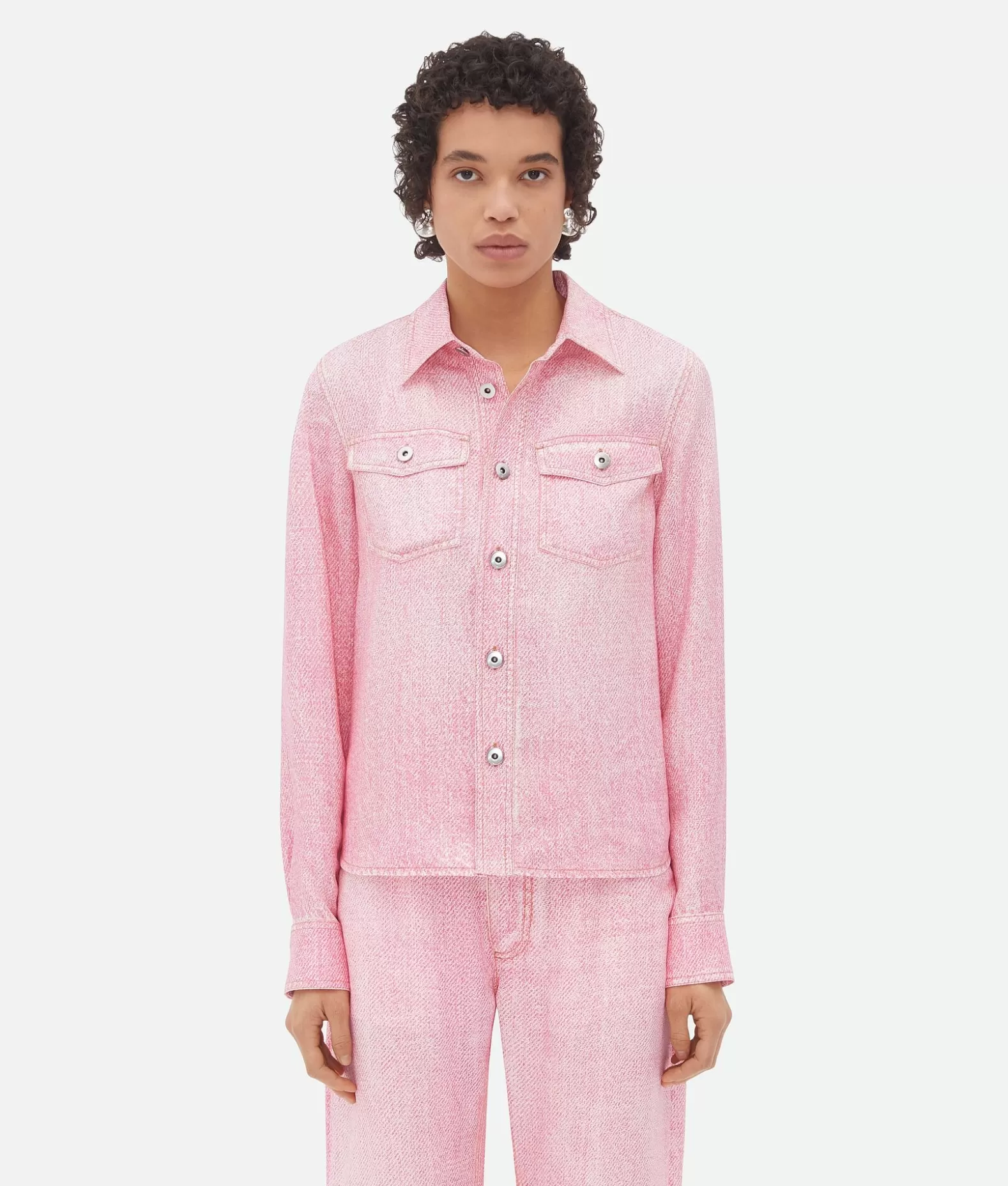 Denim^Bottega Veneta Camicia In Viscosa Con Stampa Denim Pink/white