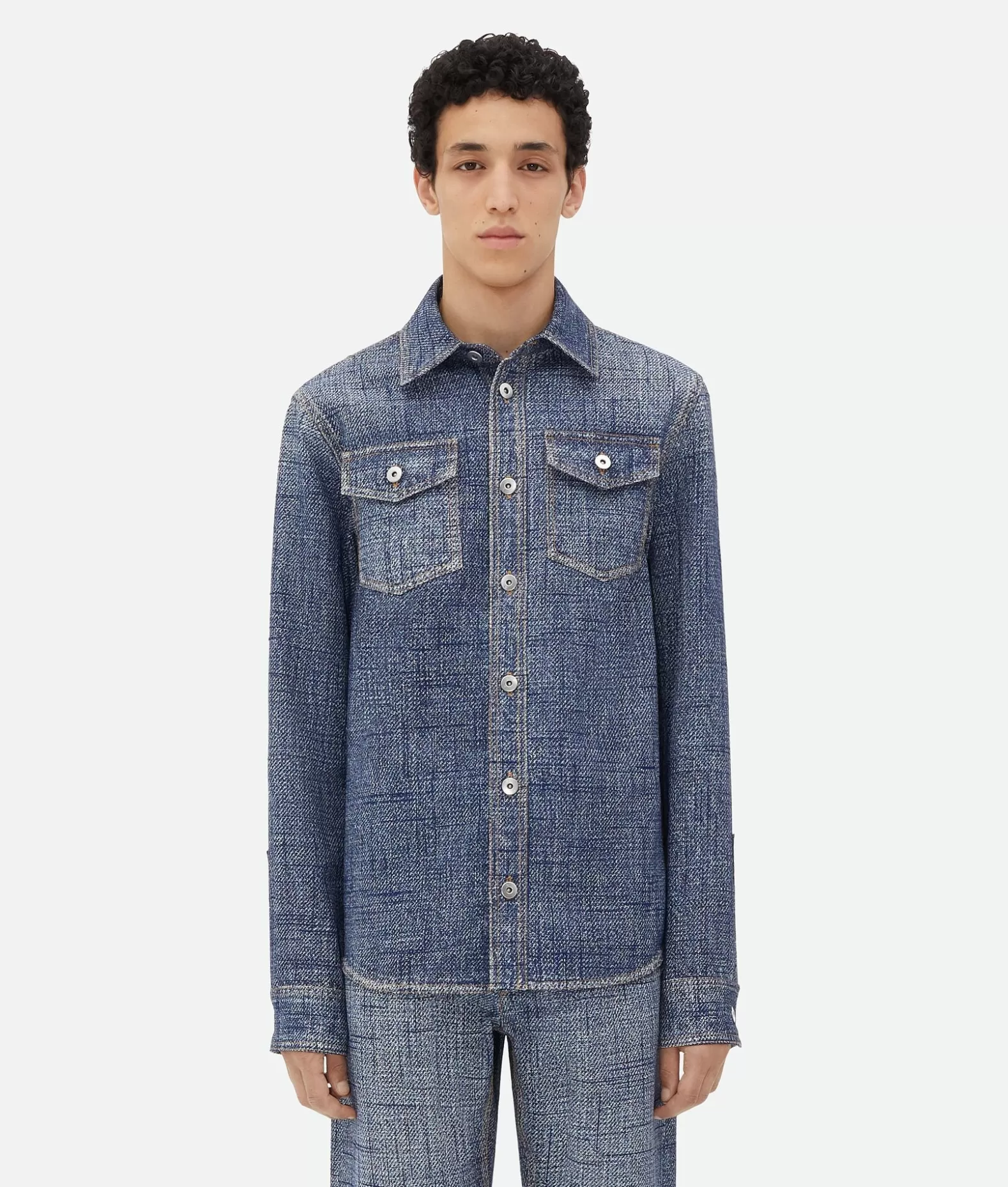 Camicie^Bottega Veneta Camicia In Viscosa Con Texture Denim Indigo/white