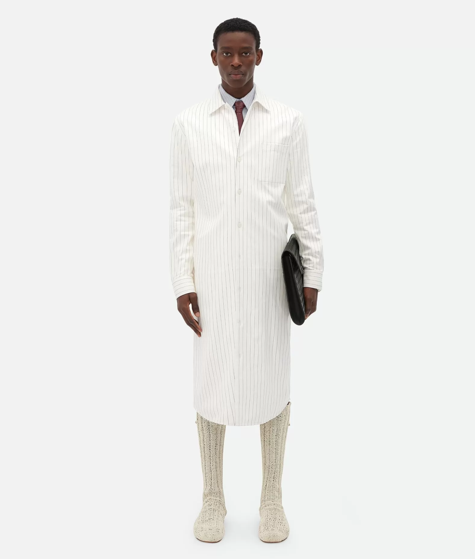 Camicie | Pelle^Bottega Veneta Camicia Lunga Gessata In Pelle Stampata White / Black