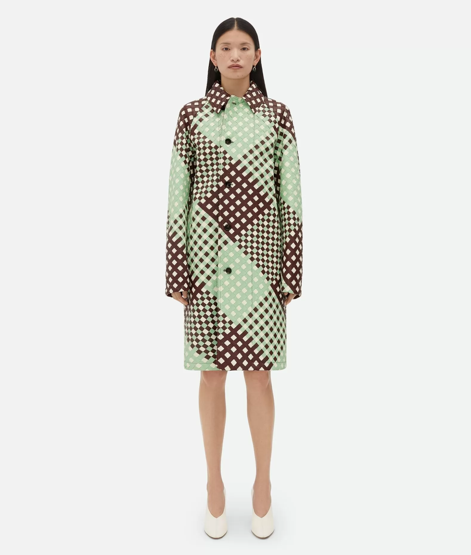 Pelle^Bottega Veneta Cappotto In Pelle Tricolore Intrecciato Bayberry/sweet mint/white