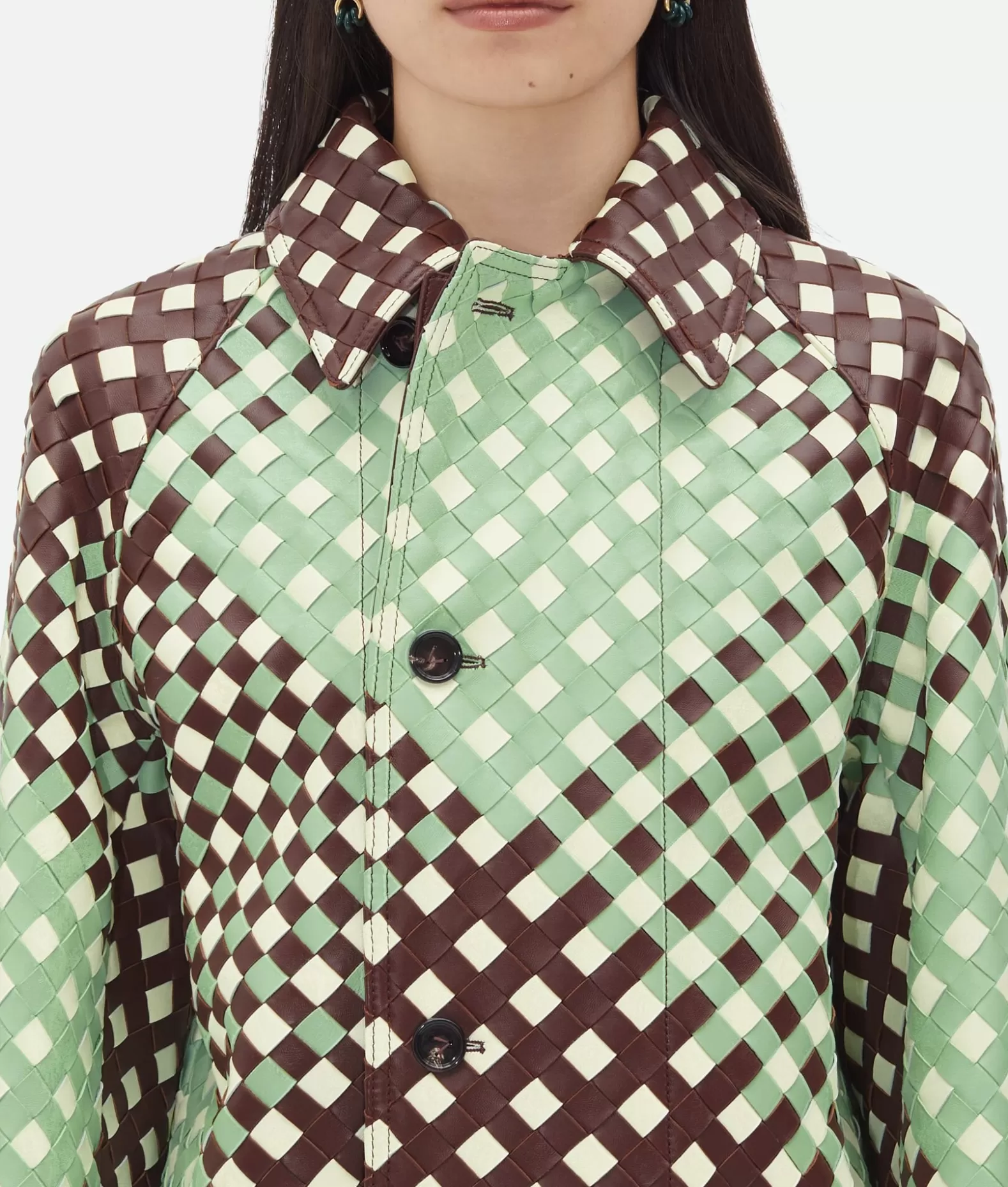 Pelle^Bottega Veneta Cappotto In Pelle Tricolore Intrecciato Bayberry/sweet mint/white