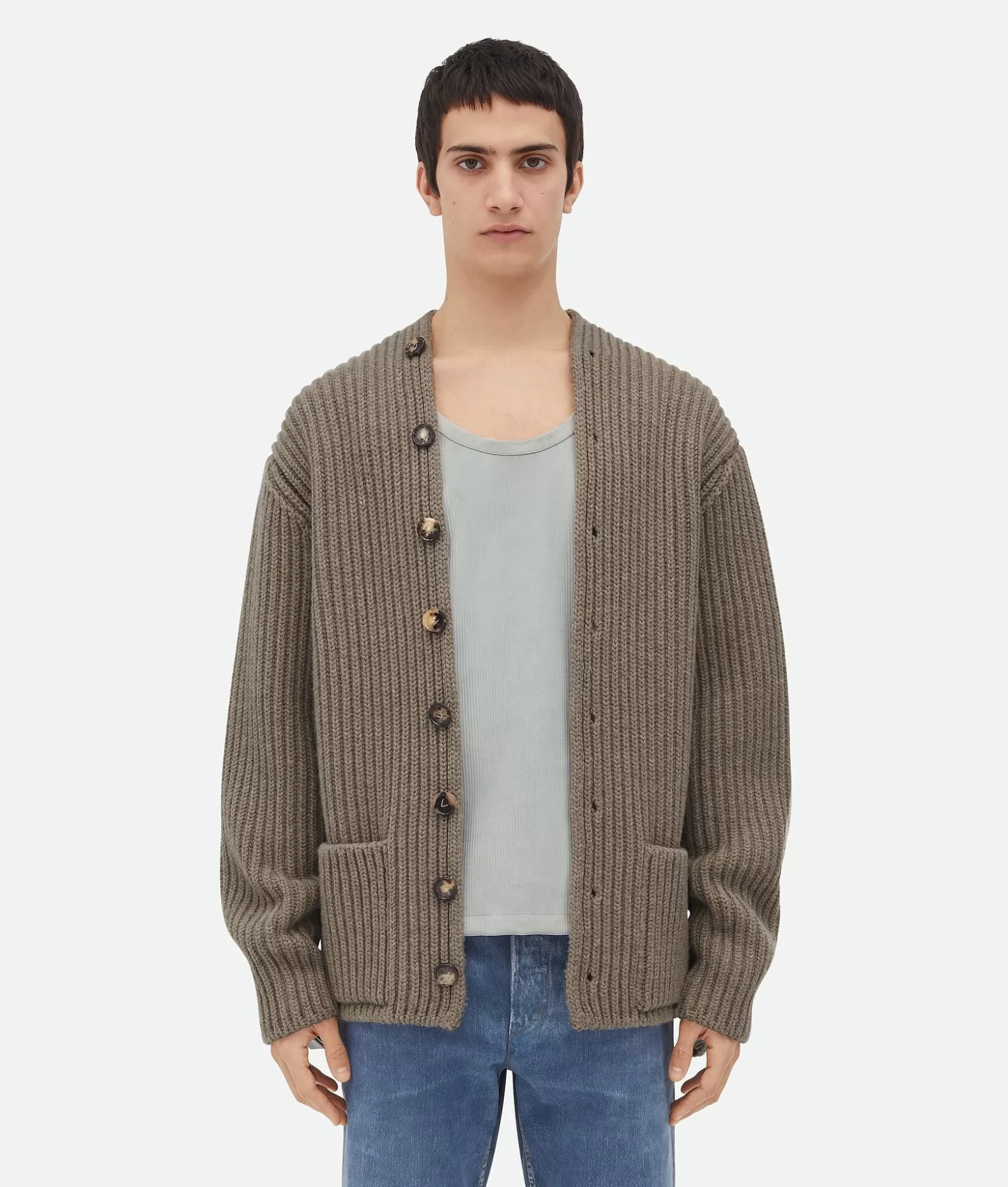 Maglieria^Bottega Veneta Cardigan In Lana E Cashmere A Coste Inglesi Sand melange