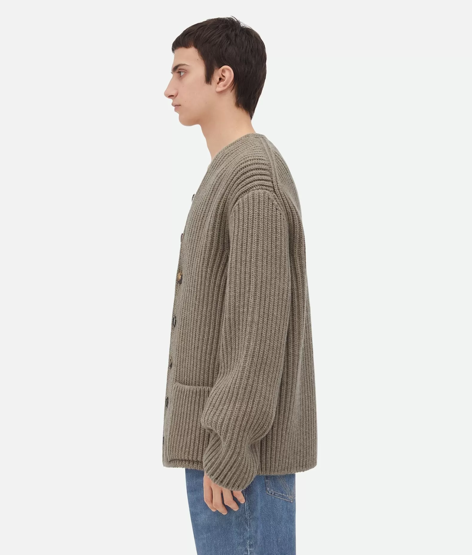 Maglieria^Bottega Veneta Cardigan In Lana E Cashmere A Coste Inglesi Sand melange