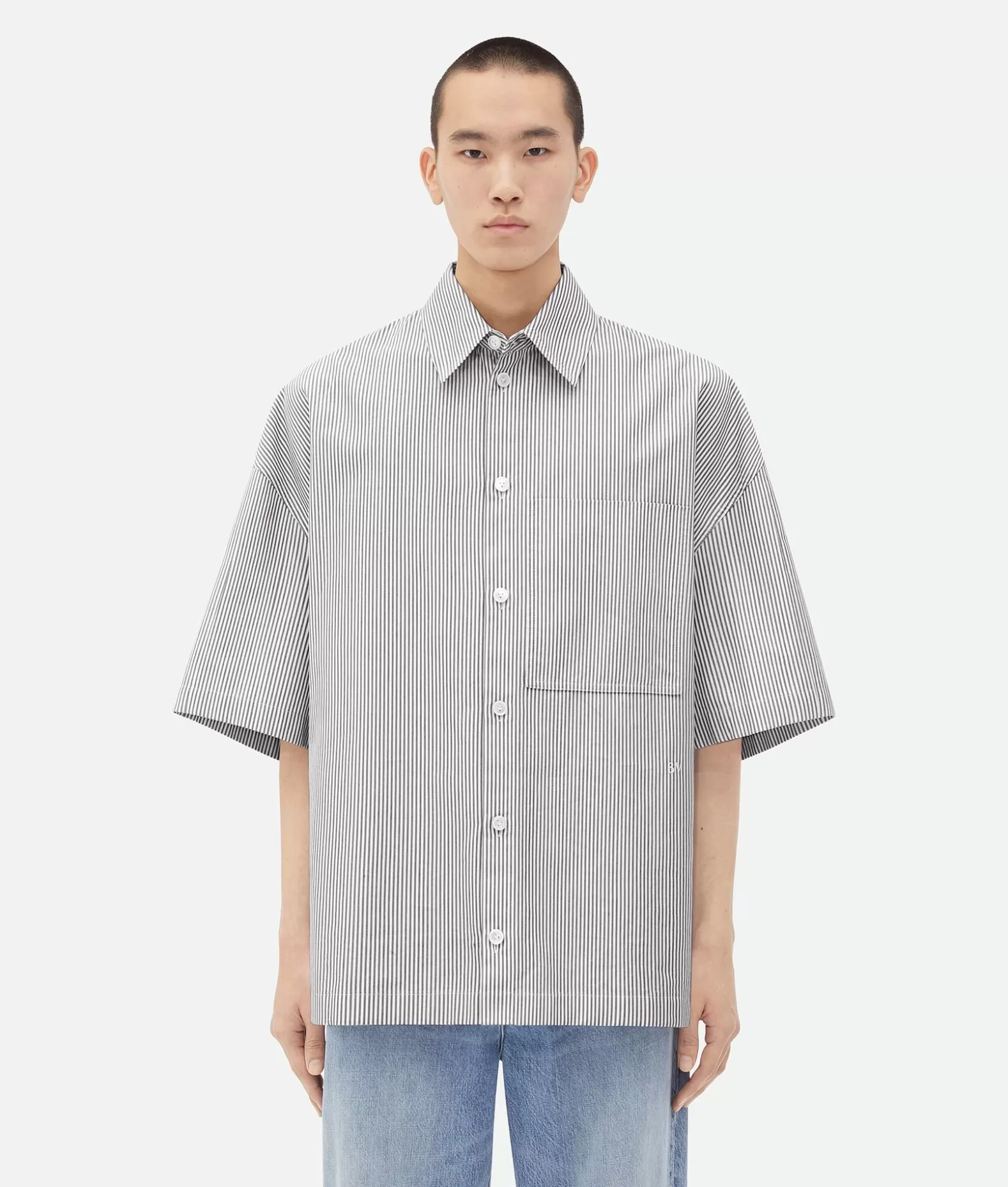 Camicie^Bottega Veneta Overshirt In Cotone A Righe Con Ricamo “BV” Grey/white