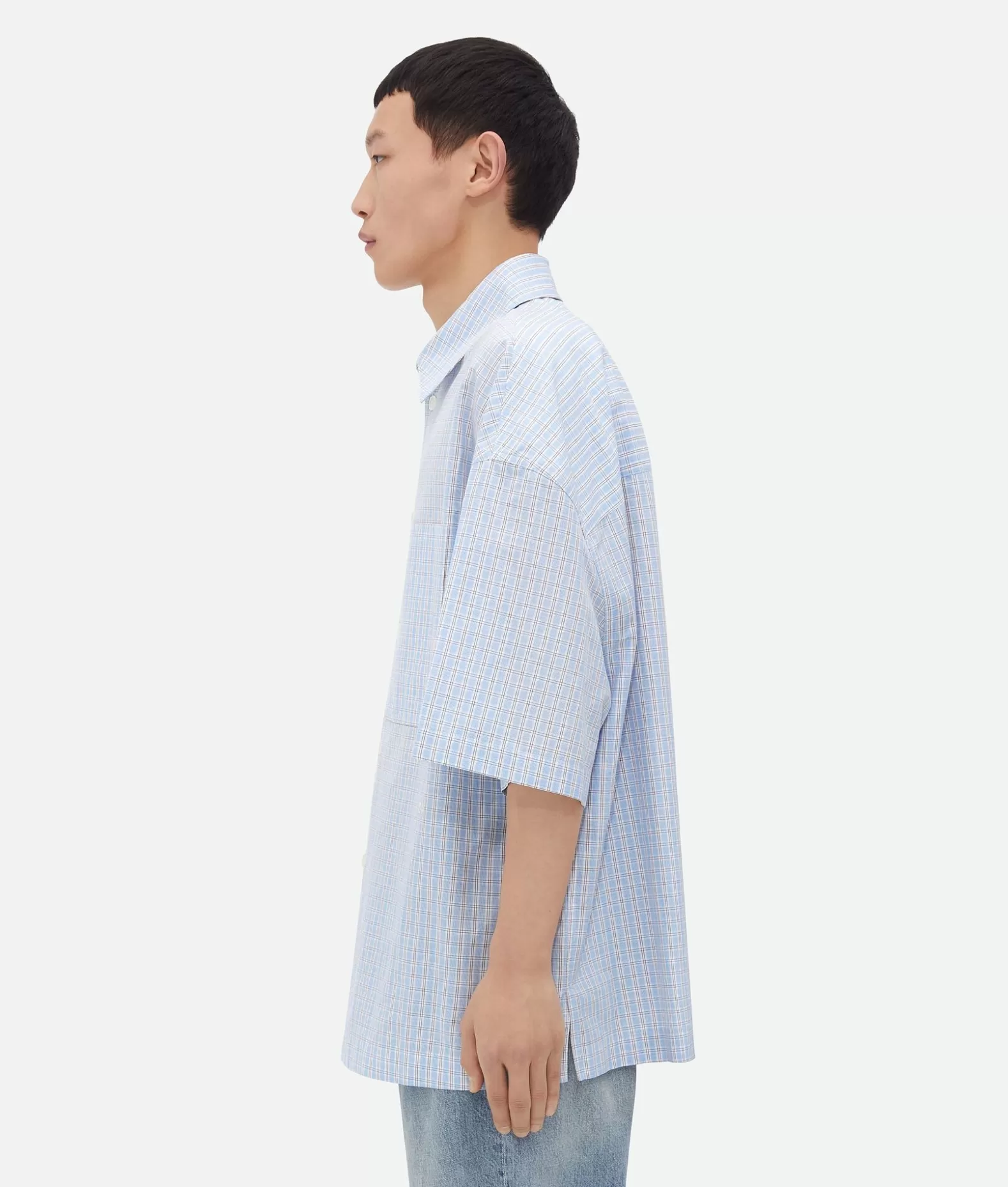 Camicie^Bottega Veneta Overshirt In Lino E Cotone A Quadri Con Ricamo “Bv” Pale blue/burgundy