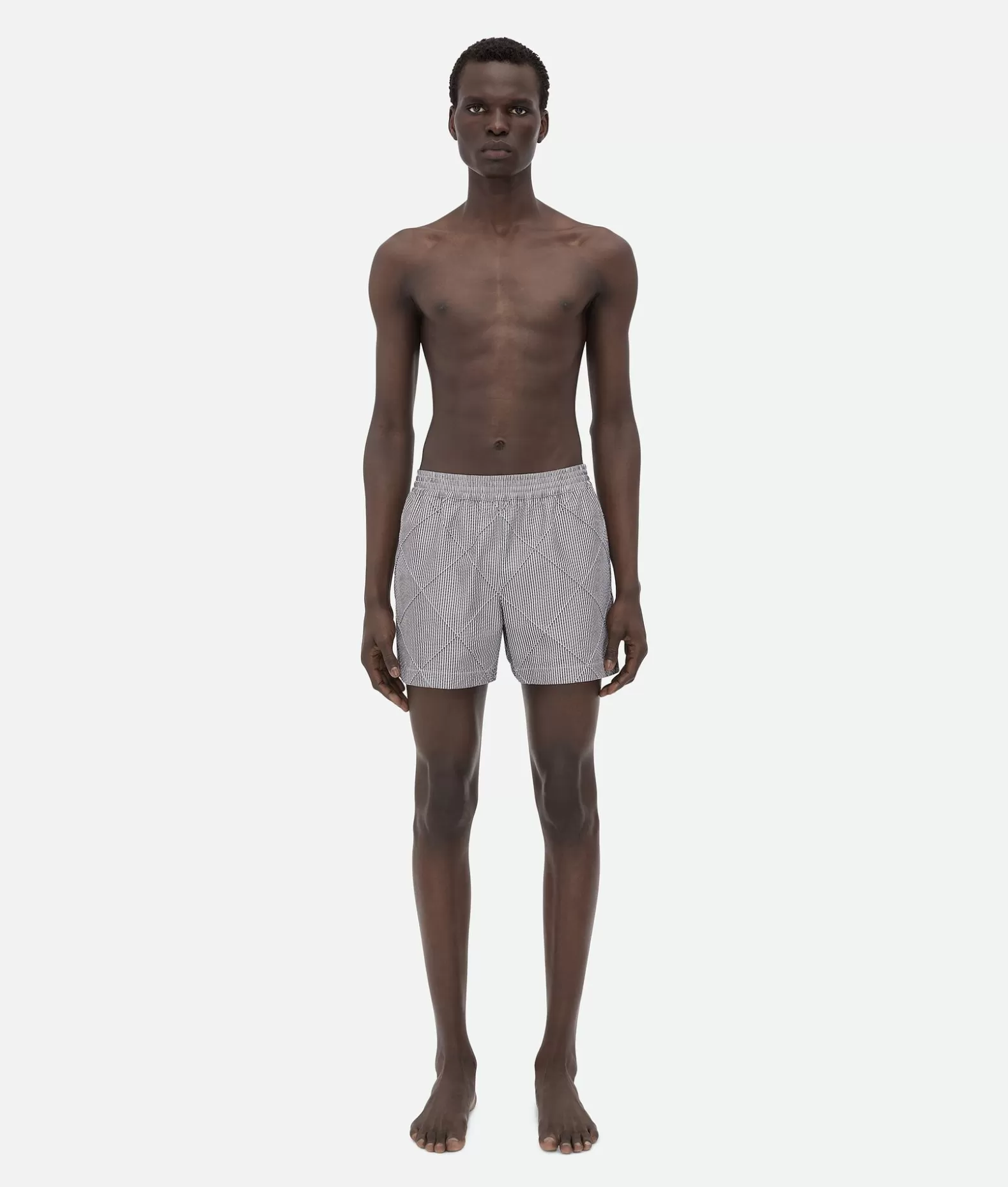 Costumi^Bottega Veneta Short Da Bagno In Cotone E Nylon Con Motivo Intreccio Chalk/iron