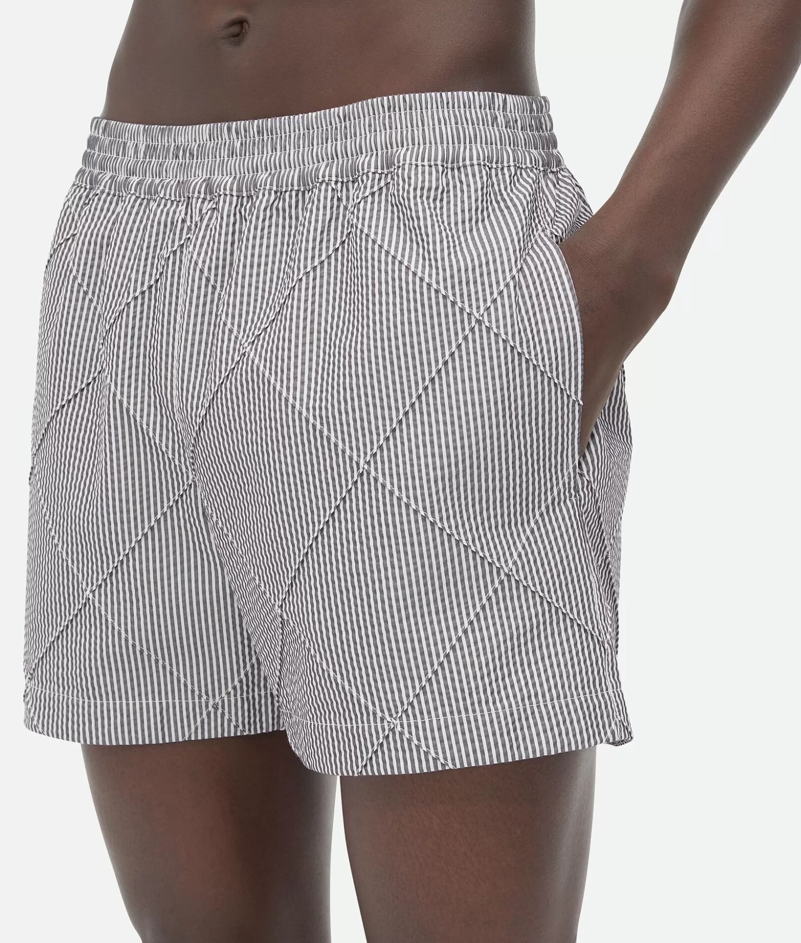 Costumi^Bottega Veneta Short Da Bagno In Cotone E Nylon Con Motivo Intreccio Chalk/iron