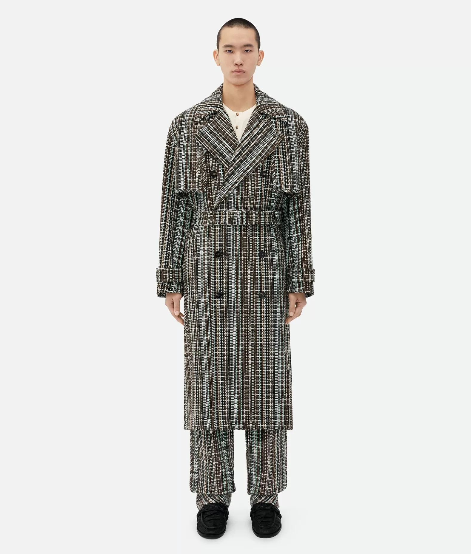 Cappotti^Bottega Veneta Trench A Quadri In Cotone Black/brown/mint