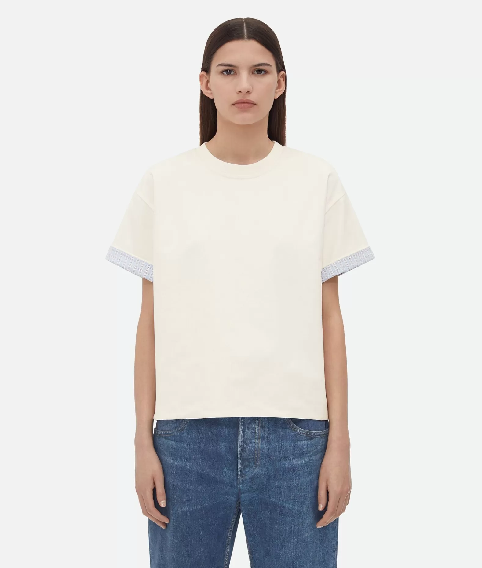 Top E T-Shirts^Bottega Veneta T-shirt A Quadri In Cotone Doppio Strato Chalk