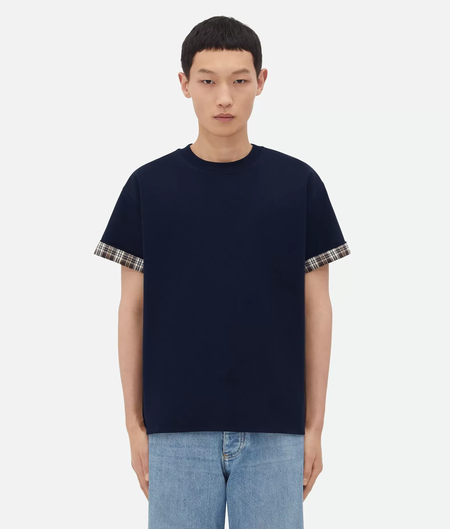 T-Shirt^Bottega Veneta T-shirt In Cotone Doppio Strato A Quadri Navy/fondant/dove