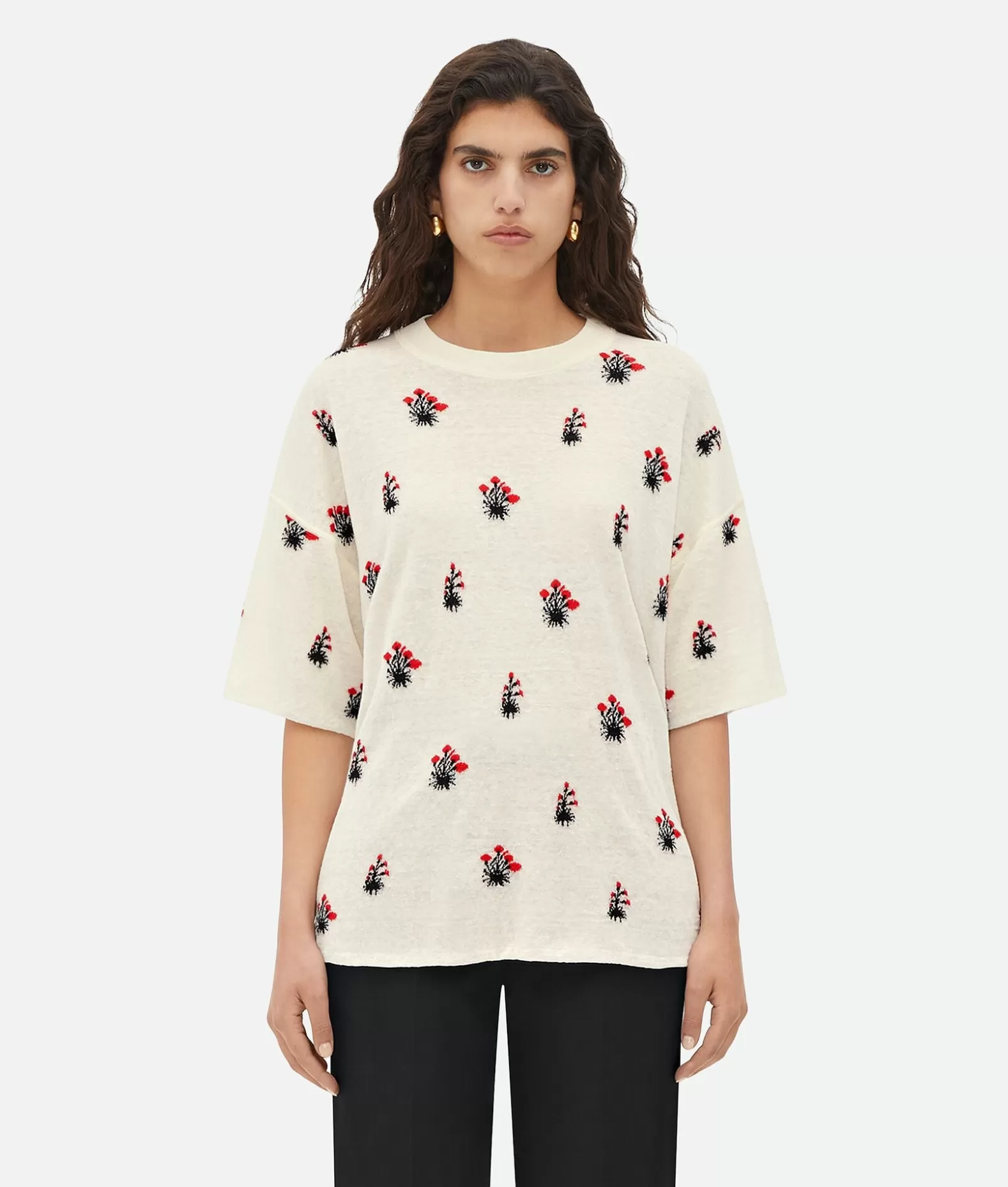 Top E T-Shirts^Bottega Veneta T-Shirt In Lino E Jacquard A Fiori Chalk/vernis